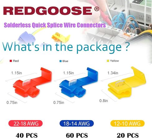 60PCS Solderless Quick Splice Wire Connectors, 22-10 AWG Lock Snap Electrical Wire Connector(22-18AWG Red 20PCS, 18-14AWG Blue 30PCS, 12-10AWG Yellow 10PCS) in Kuwait