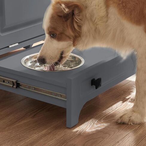 Roomfitters Dog Feeding Station Furniture with 2 Elevated Dog Bowls, Dog Proof Hidden Design, Tilt Out Dog Food Storage Cabinet, Pet Toy Storage Organizer, Natural Wood Tone in Saudi Arabia