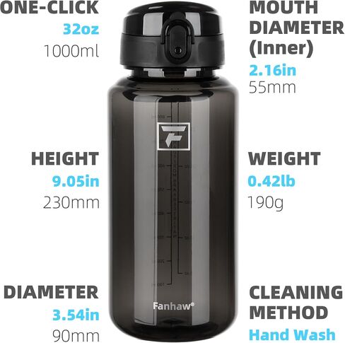 Fanhaw 32 Oz Clear Tritan Water Bottle with Chug Lid, BPA-free, Wide Mouth, Leak Proof - for Gym, Travel, Home, School, Office (Clear&White) in Saudi Arabia