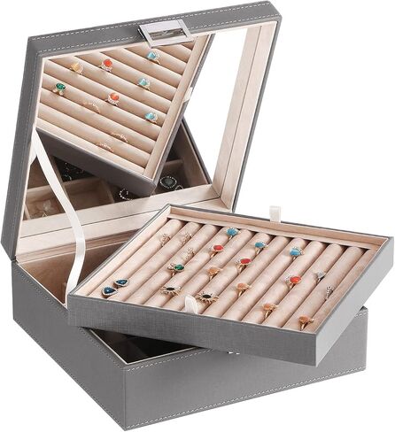 BEWISHOME Cufflink Box Ring Organizer and Earring Box Holder - 12 Ring Slots, 25 Earring Compartments, Large Mirror, 2 Layers Jewelry Box Tray Cufflinks Storage for Girls Women Men, Brown SSH21Z in Kuwait