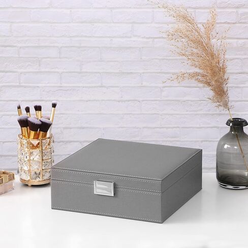 BEWISHOME Cufflink Box Ring Organizer and Earring Box Holder - 12 Ring Slots, 25 Earring Compartments, Large Mirror, 2 Layers Jewelry Box Tray Cufflinks Storage for Girls Women Men, Brown SSH21Z in Kuwait