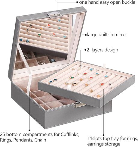 BEWISHOME Cufflink Box Ring Organizer and Earring Box Holder - 12 Ring Slots, 25 Earring Compartments, Large Mirror, 2 Layers Jewelry Box Tray Cufflinks Storage for Girls Women Men, Brown SSH21Z in Kuwait