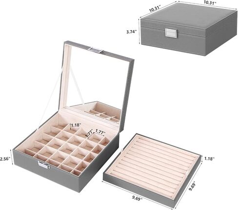 BEWISHOME Cufflink Box Ring Organizer and Earring Box Holder - 12 Ring Slots, 25 Earring Compartments, Large Mirror, 2 Layers Jewelry Box Tray Cufflinks Storage for Girls Women Men, Brown SSH21Z in Kuwait