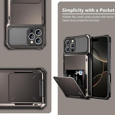 Vofolen Compatible with iPhone 16 Pro Max Case with Card Holder Dual Layer Heavy Duty Drop Protection Hidden Flip 4-Card Slot Wallet Phone Case for iPhone 16 Pro Max for Women Men, 6.9'' Gun Metal in Kuwait