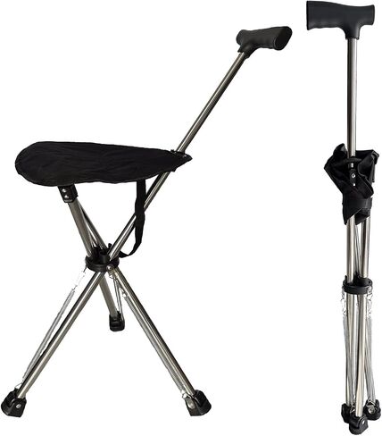 Cane with Seat - Portable Stool Chair, Supports Up to 240 Lbs cameping Chairs, Lightweight Up to 1.4 Lbs, Suitable for Men, Women, Seniors, People with Disabilities (Bent Handle Black) in Saudi Arabia