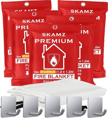 SKAMZ Emergency Fire Blanket XL Size - 47" x 47" - 3 Pack W/Hooks - Fire Blanket for Kitchen, Fiberglass Fire Extinguisher Blanket, Heavy Duty Fire Suppression Blankets for Home Safety in Saudi Arabia