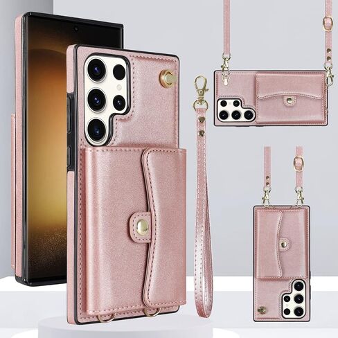 Asuwish Phone Case for Samsung Galaxy S23 Ultra 5G Wallet Cover with RFID Blocking Credit Card Holder Wrist Crossbody Strap Lanyard Cell Accessories S23Ultra 23S S 23 23Ultra 6.8 inch Women Rose Gold in Saudi Arabia