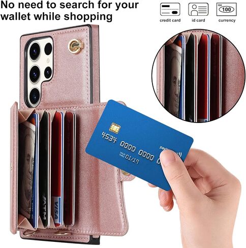 Asuwish Phone Case for Samsung Galaxy S23 Ultra 5G Wallet Cover with RFID Blocking Credit Card Holder Wrist Crossbody Strap Lanyard Cell Accessories S23Ultra 23S S 23 23Ultra 6.8 inch Women Rose Gold in Saudi Arabia