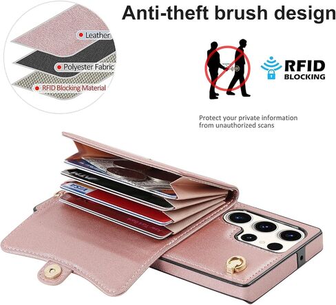 Asuwish Phone Case for Samsung Galaxy S23 Ultra 5G Wallet Cover with RFID Blocking Credit Card Holder Wrist Crossbody Strap Lanyard Cell Accessories S23Ultra 23S S 23 23Ultra 6.8 inch Women Rose Gold in Saudi Arabia