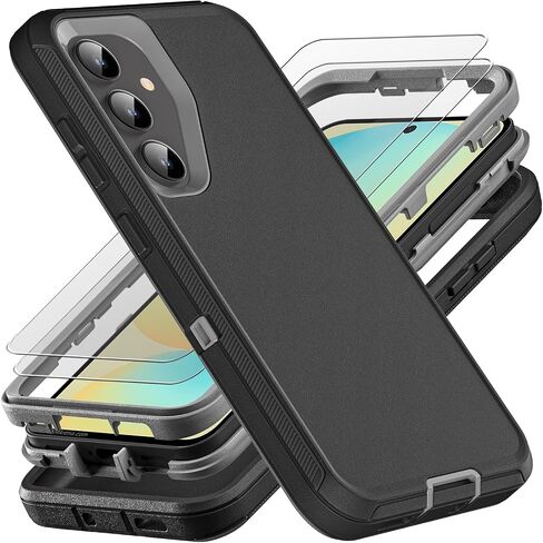 for Samsung Galaxy S24 FE Case, Military Grade 3 in 1 Heavy Duty Shockproof/Drop Proof/Dust Proof Case with 2Pcs Tempered Glass Screen Protector (Black/Grey) in Saudi Arabia