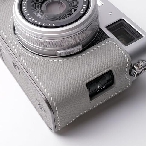 كاميرا جلدية أصلية مصنوعة يدويًا لفرقة Fujifilm X100VI/Fujifilm X100VI - طبقة أعلى جسم البقر+غرزة سرج مخيط يدوي+لوحة قاعدة معدنية+شانك يدوي (Gris mouette) in Kuwait