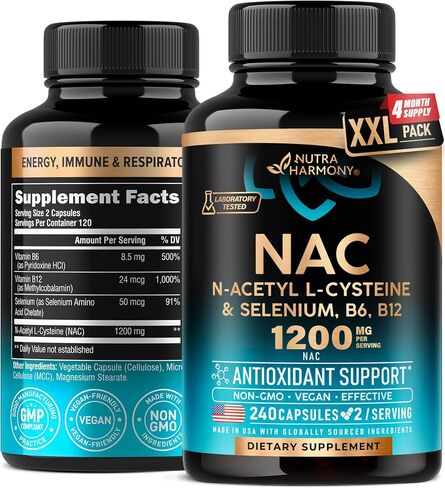 مكمل NAC - N-Acetyl L-Cysteine ​​- صنع في الولايات المتحدة الأمريكية - 1200 مجم لكل وجبة، 120 كبسولة نباتية - مضادات الأكسدة ودعم المناعة والغدة الدرقية - مُحسّن باستخدام السيلينيوم وB6 وB12 - N Acetyl L Cysteine ​​غير المعدل وراثيًا in Kuwait