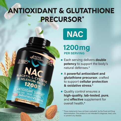 مكمل NAC - N-Acetyl L-Cysteine ​​- صنع في الولايات المتحدة الأمريكية - 1200 مجم لكل وجبة، 120 كبسولة نباتية - مضادات الأكسدة ودعم المناعة والغدة الدرقية - مُحسّن باستخدام السيلينيوم وB6 وB12 - N Acetyl L Cysteine ​​غير المعدل وراثيًا in Kuwait