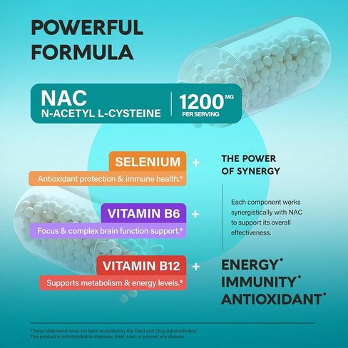 مكمل NAC - N-Acetyl L-Cysteine ​​- صنع في الولايات المتحدة الأمريكية - 1200 مجم لكل وجبة، 120 كبسولة نباتية - مضادات الأكسدة ودعم المناعة والغدة الدرقية - مُحسّن باستخدام السيلينيوم وB6 وB12 - N Acetyl L Cysteine ​​غير المعدل وراثيًا in Kuwait