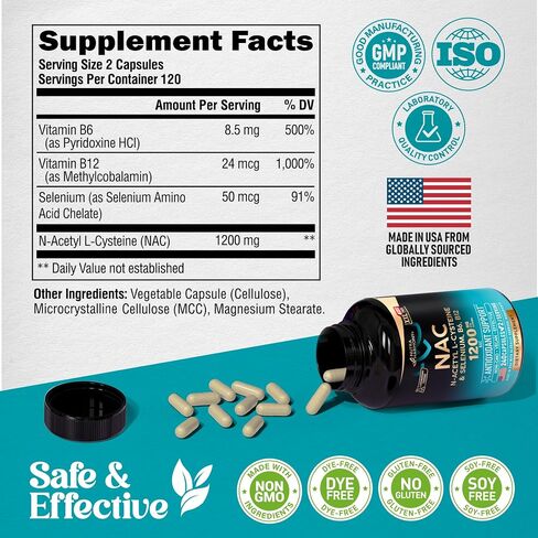 مكمل NAC - N-Acetyl L-Cysteine ​​- صنع في الولايات المتحدة الأمريكية - 1200 مجم لكل وجبة، 120 كبسولة نباتية - مضادات الأكسدة ودعم المناعة والغدة الدرقية - مُحسّن باستخدام السيلينيوم وB6 وB12 - N Acetyl L Cysteine ​​غير المعدل وراثيًا in Kuwait