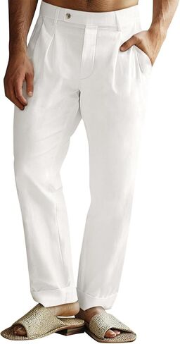 Runcati Mens Casual Linen Pants Pleated Elastic Waist Lightweight Cotton Trousers Summer Beach Yoga Pants with Pockets in Kuwait