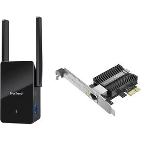 BrosTrend 5Gb PCIe Network Card, PCIe Ethernet Card with Extra Low-Profile PCI Express NIC + AX1500 WiFi 6 Range Extender w/Gigabit Port, WiFi Booster for Home Amplificateur WiFi Supports Any Routers