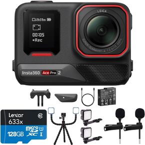 Insta360 CINSBBGA_ACEPRO201 Ace Pro 2 8K Waterproof Action Camera Standard Bundle with Lexar 128GB Memory Card, Flexible Vlogging Tripod, 2X Rechargeable LED Light & 2X Mini Lapel Microphone