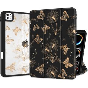 MEEgoodo Cover for M4 iPad Pro 13 inch Case 2024, Tablet Cases with Transparent Acrylic Back Shell +Trifold Stand + Pencil Holder + Auto Wake/Sleep, Butterflies & Dandelions