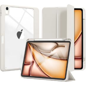 Case for iPad Air 11 Inch 2025/2024, iPad Air5th 2022 Case with Pencil Holder, Transparent Clear Hard Back Shell, Trifold Stand, Smart Protective Cover for iPad Air4th,Creamy White