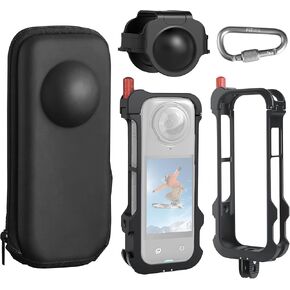 FiTSTILL Aluminum Frame Cage Carrying Hard Shell Travel Storage Case Silicone Lens Cover Protective Compatible with Insta 360 X4 Anti-Scratch Metal case Housing Shell Accessories Kit Black
