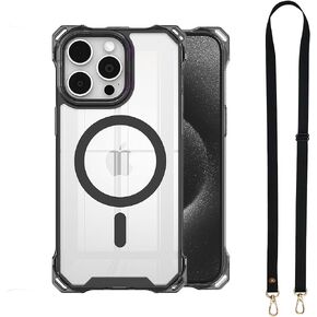 Magnetic Case for iPhone 16 Pro Max, Compatible with MagSafe, Clear Strong Magnetic Soft Frame PC Back Shockproof Protective Case Cover with Detachable Lanyard,Clear