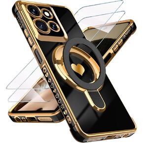 بالنسبة إلى Motorola Moto G Power 5G 2025 CASE مع واقي الشاشة الزجاجية: حافة Gold Gold Love Edge Love Love نمط Kickstand ، غلاف حالة حماية الكاميرا الكامل لـ TPU (Pink)