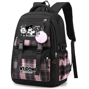 Roffatide Anime Kuromi Print Business Casual Laptop Shoulders Backpack Hiking Travel Rucksack Daypacks 17 Inch Black O (With Cute Pendants)