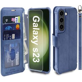VANAVAGY Compatible for Galaxy S23 Wallet Case for Women Men, RFID Flip PU Leather Phone Cover with Wrist Supports Wireless Charging with Card Holder Glass Screen Protector, Blue