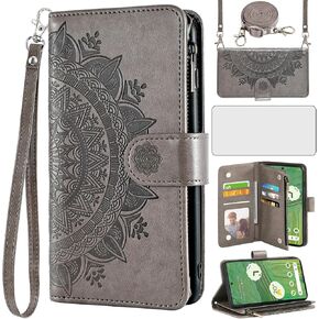Asuwish Phone Case for Google Pixel 7 5G Wallet Cell Cover with Screen Protector Lanyard Wrist Strap Mandala Flower Flip Zipper Card Holder Slot Stand Pixel7 Pixle Seven 6.3 Women Girls Green