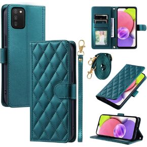 Argyle Wallet Case for Samsung Galaxy A03s US Version 5G 2022 with Wrist Strap Shoulder Strap Card Slots Folio Purse, Luxury PU Leather Stand Phone Cover for Ao3s A 03s SM-A037U SM A037U Green