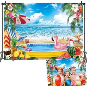 7x5ft Summer Ocean Beach Photo Backdrop Hawaii Aloha Luau Party Decoration Banner Blue Sky Beach Palm Flamingo Hawaiian Tropical Backdrop for Photoshoot Birthday Home Decor