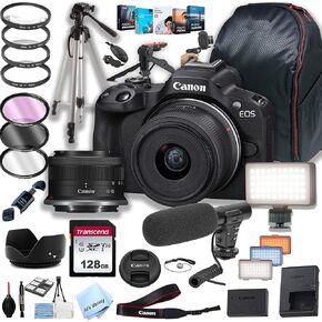 Canon EOS R50 Mirrorless Camera with RF-S 18-45mm f/4.5-6.3 is STM Lens+ 128GB Memory + LED Video Light + Microphone + Back Pack + Steady Grip Pod + Tripod + Filters + Software + More (Renewed)