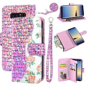 Floral Wallet Case for Samsung Galaxy Note 8 with Wrist Strap Shoulder Strap Flip Zipper Purse Card Holder,Luxury PU Leather Stand Sparkly Glitter Phone Cover for Note8 Not S8 Gaxaly Purple