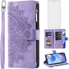 Phone Case for Samsung Galaxy A16 5G Wallet Cover with Tempered Glass Screen Protector Wrist Strap Credit Card Holder Slot Mandala Flower Leather Flip Zipper Cell A 16 A16case Women Men Rose Gold