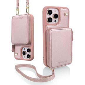 Crossbody Wallet Case متوافق مع iPhone 15 Plus مع حزام RFID حظر بطاقة السوستة حامل جلود محفظة جلدية محفظة WRISTLET