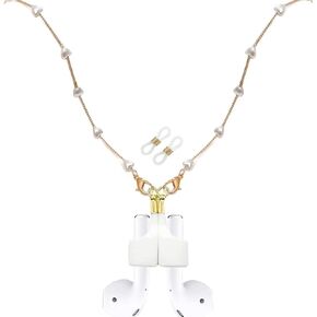 Magnetic Anti-Lost Strap Holder Compatible with Airpods Pro 3 2 1, Leash Gold White Pearl Chain Necklace Gifts for Women Lady Girl Length: 27.5"