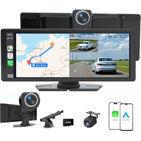 شاشة Apple Carplay للسيارة ، 10.26 '' Portable Car Play Screen & Android Auto ، Stereo Wireless Car مع كاميرا 4K Dash ، كاميرا احتياطية 1080 بكسل ، تنقل GPS ، التحكم الصوتي ، رابط المرآة