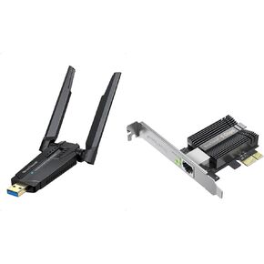 BrosTrend 5Gb PCIe Network Card, PCIe Ethernet Card with Extra Low-Profile PCI Express NIC + AXE5400 WiFi 6E USB Adapter, Tri-Band Long Range WiFi Adapter for Desktop PC Laptop 6GHz for Windows 11/10