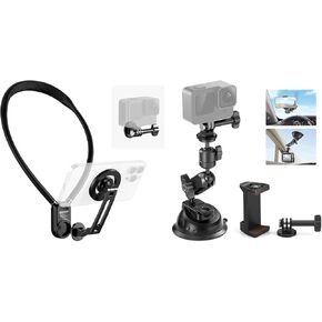 NEEWER GP16 Magnetic Neck Holder for Action Camera & Phone, Hands Free Neck Tripod Chest Mount Compatible with GoPro DJI Insta360 iPhone 16 Android for POV Video Vlog, CA029 Suction Cup Mount Included