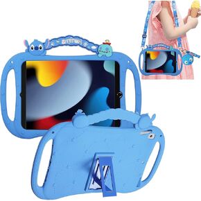 for iPad 9th 8th 7th Generation Case, iPad 10.2 Case with Wallet, Kickstand,Shoulder Straps, 3 Handles, Cute Cartoon Silicone Tablet Cover Kids Girls Boys (Blue)