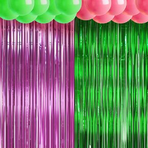 4 Pack Pink and Green Party Decorations,3.3 x 6.6 ft Witch Party Metal Foil Fringe Curtains Photo Booth Prop Backdrop Streamer for Witch Decor Supplies