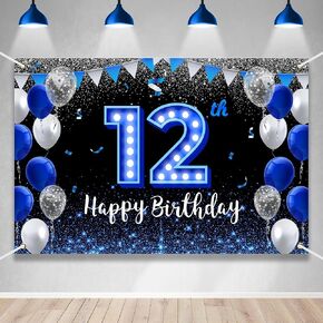 Large Happy Birthday Backdrop Banner Blue Black Theme Decor Blue Neon Light Shiny Fashion Birthday Party Photo Photography Prop Booth Background for Men Women Boys Girls Celebration 98.4x65in-BECKTEN