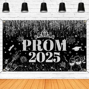 Mocsicka Prom 2025 Banner Silver Crown Graduation Night Party Decorations Banner Prom Send Off Photography Background Photo Booth Supplies (Silver, 70.8x43.3 inch)