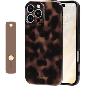 NITITOP Compatible for iPhone 14 Plus / 15 Plus Case with Wrist Strap Cute Stylish Leopard Aesthetic Tortoise Amber Design for Women Girls Men Soft TPU Shockproof Protective Cover - Brown