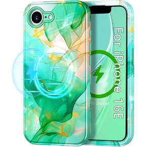 Btscase for iPhone 16e Case Magnetic, Marble Design & Tri-Layer Protection - Premium PC+TPU Shockproof Cover [Compatible with MagSafe] Shockproof Protective Slim Case, Mint Green