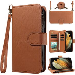 for Samsung Galaxy S21 Ultra 5G Wallet Phone Case with Crossbody Lanyard Strap Faux Leather Card Holder Slot Stand Kickstand Men Women Flip Cell Cover for S21ultra 21S S 21 21ultra G5 Brown