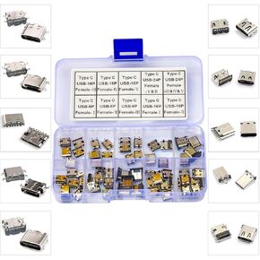 Type-C 3.1 PCB Mount Connector Assortment Kit, Type-C USB 3.1 Charging Dock Connectors 6Pin/16Pin/24Pin Female Jack Fast Charging Socket Mini USB Jack Socket Connector DIY Kit (Type-C)