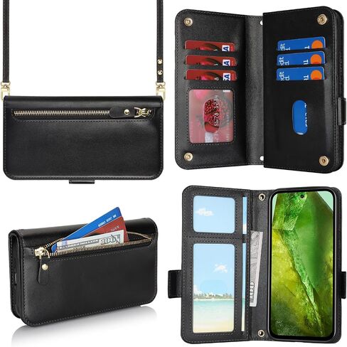 بالنسبة إلى Google Pixel 8A Case Wallet for Women ، Pixel 8A Case with Strap Crossbody Lanyard ، حامل بطاقة صدمية من الجلد Stand Zipper Pocket Flip Phone Accy-Black in Kuwait