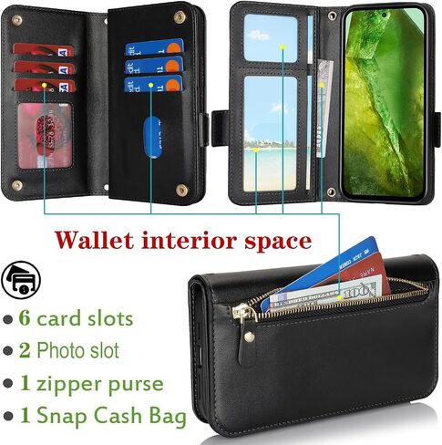 بالنسبة إلى Google Pixel 8A Case Wallet for Women ، Pixel 8A Case with Strap Crossbody Lanyard ، حامل بطاقة صدمية من الجلد Stand Zipper Pocket Flip Phone Accy-Black in Kuwait